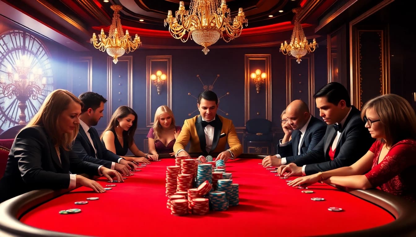 A diverse group of gamblers at a high-stakes poker game highlighting features from https://bem88.com in a luxurious casino setting.