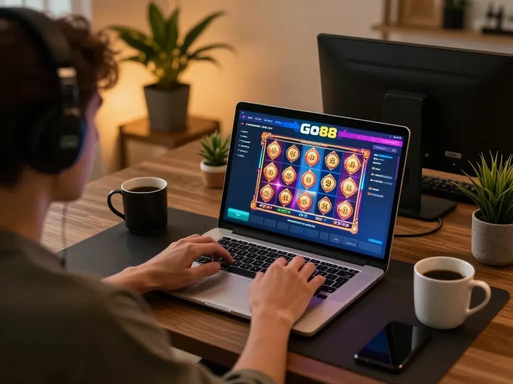Người dùng Go88 tham gia trò chơi slot trực tuyến từ một văn phòng tại nhà ấm cúng.