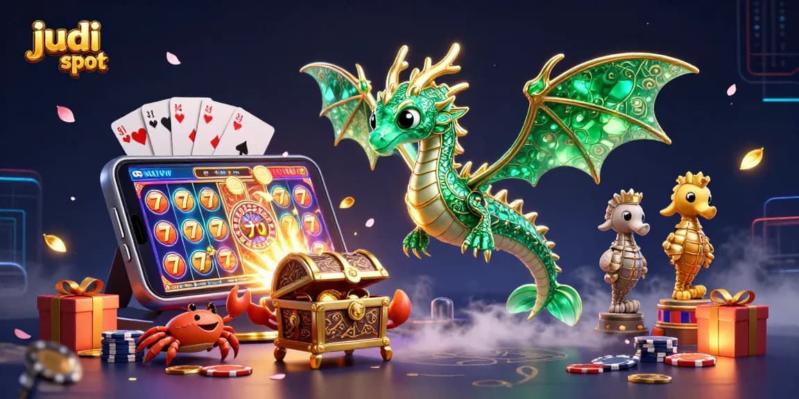 Experience judi slot excitement with a majestic sea dragon and interactive game elements in a vibrant casino scene.
