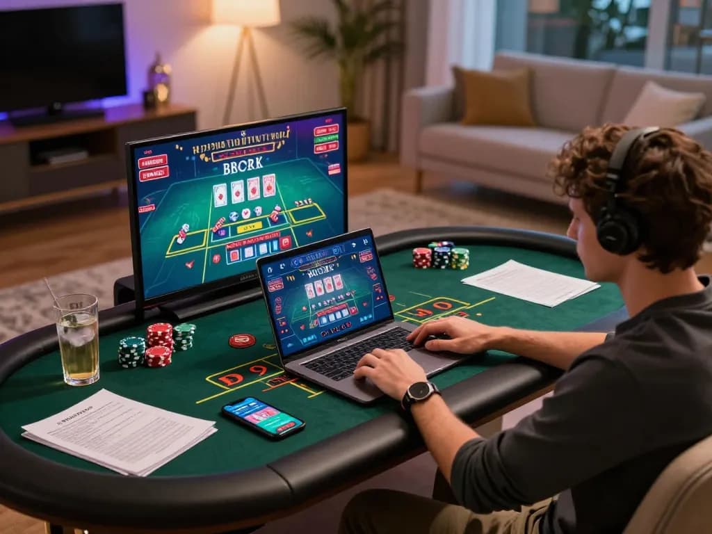 Engaging in live dealer baccarat at home on a laptop for optimal gaming experience while using the 789 casino app.