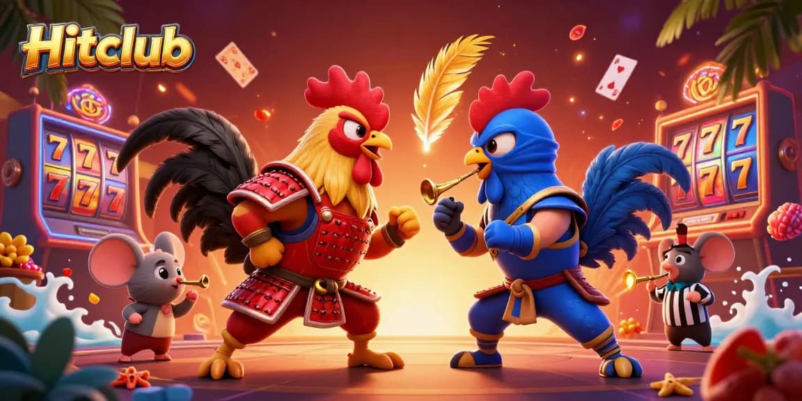 Experience thrilling gaming action at Hitclub with dynamic cartoon roosters in a vibrant casino atmosphere.