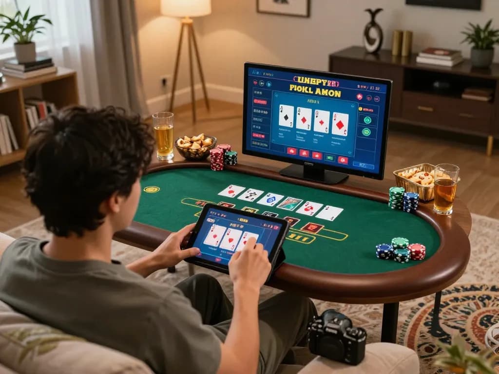 Playing engaging games at online usa casinos on a tablet in a cozy home setting showcase responsible gaming.