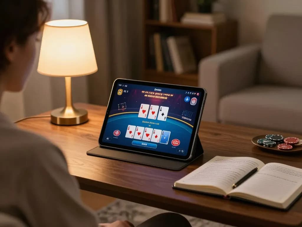 Player enjoying a poker game on MM88 tablet, showcasing strategy with warm home vibes