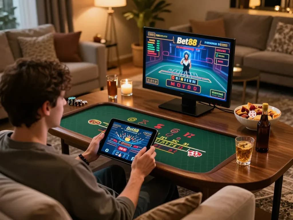 Experience dynamic gameplay with Bet88 while enjoying a cozy online gaming setup.