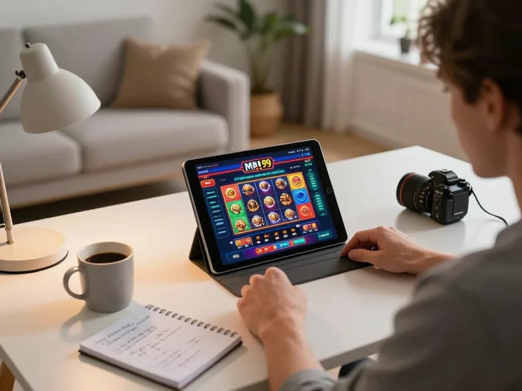 Engaging home online gaming session featuring MM 99 casino interface on tablet.