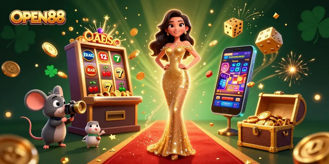 Experience thrilling wins at OPEN88 with this dynamic casino-themed illustration showcasing excitement and lucky symbols.