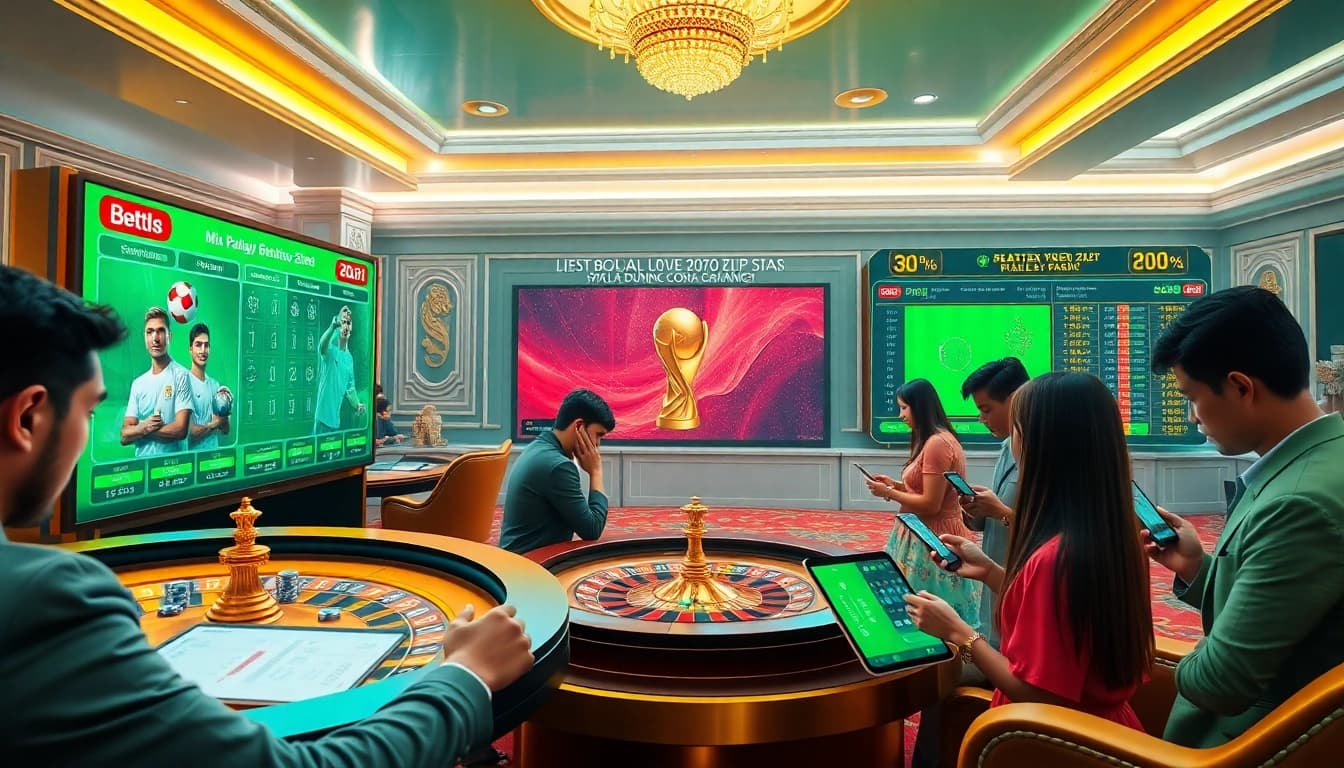 Situs Judi Bola Piala Dunia 2028 showcases a vibrant online betting scene with excited players and casino elements.