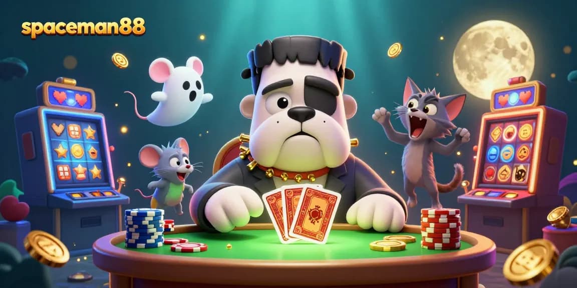 Experience thrilling gameplay at spaceman88 with a 3D cartoon character dealing cards in a casino.