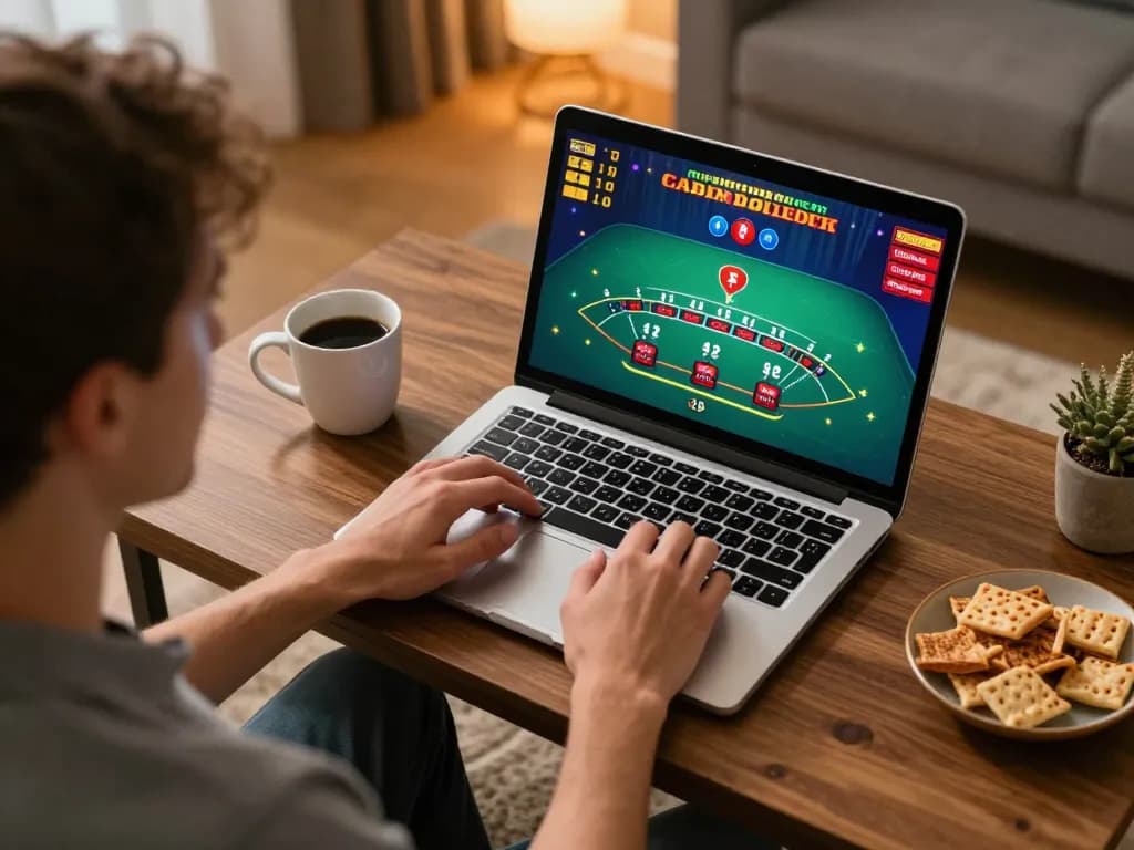 Play online casino games on https://rr888.shopping/ with a cozy home setup featuring live dealer blackjack on laptop.