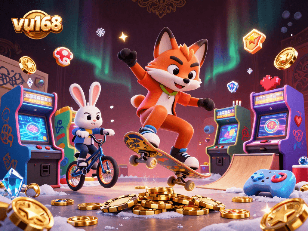 Engage in thrilling gaming adventures with vu168, featuring 3D characters in a dynamic casino setting.
