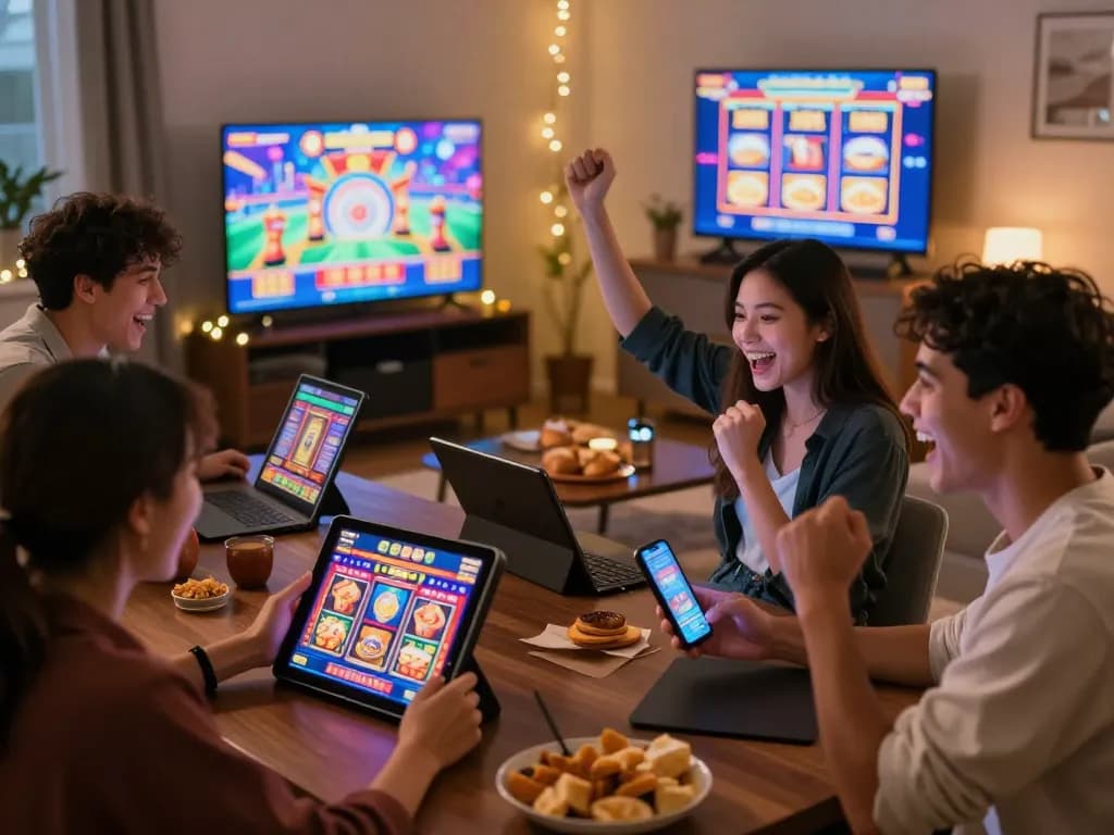 Seperangkat teman yang beragam menikmati permainan situs slot gacor di tablet dan smartphone di ruang tamu yang nyaman.