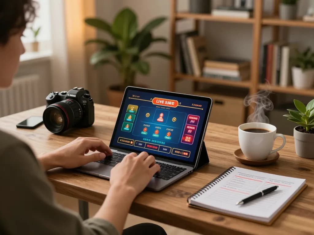 SUNWIN online gaming experience with player engaged in live dealer game on tablet, cozy home office setting