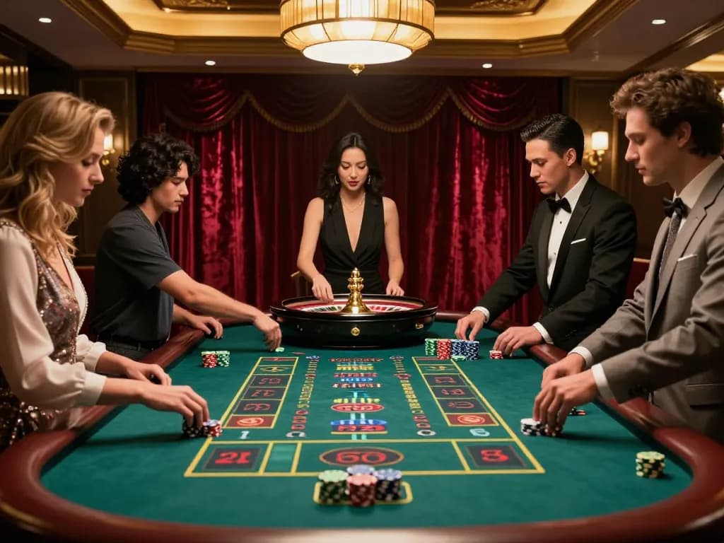 Experience the thrill of betting at megaplus88 with players engaged at a roulette table, capturing excitement and luxury.