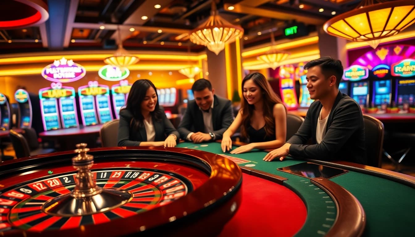 Experience the thrill of betting on Link Judi Bola with an exhilarating casino scene featuring roulette and poker tables.