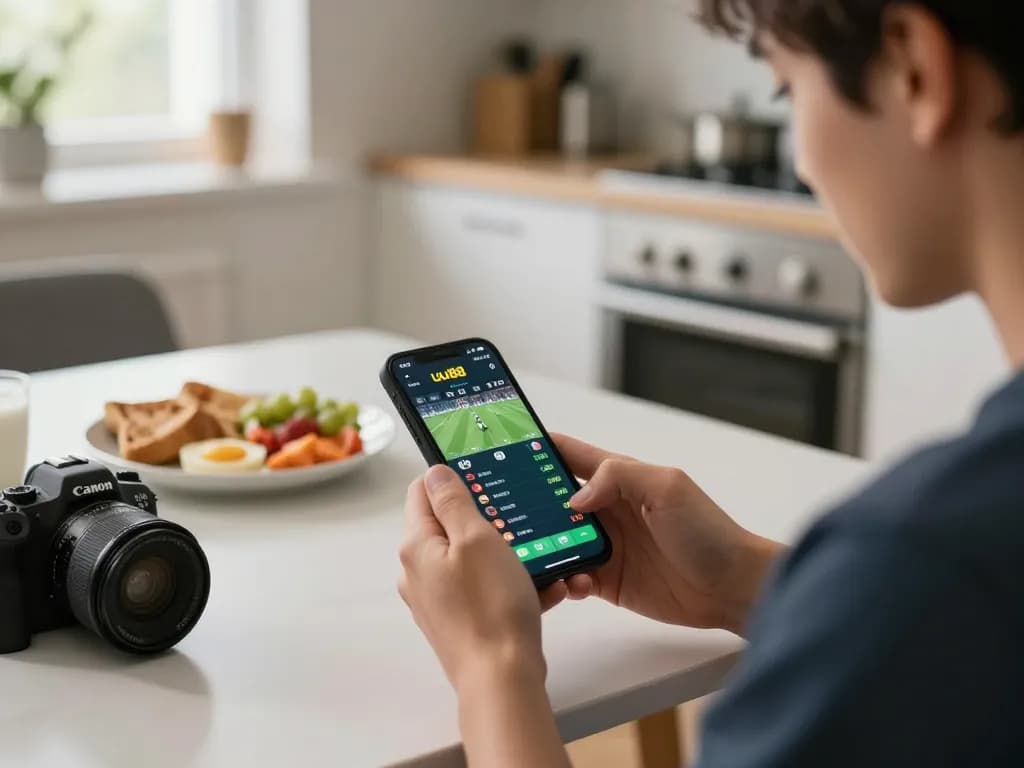 Engaging user exploring sports odds on uu88 smartphone app during breakfast