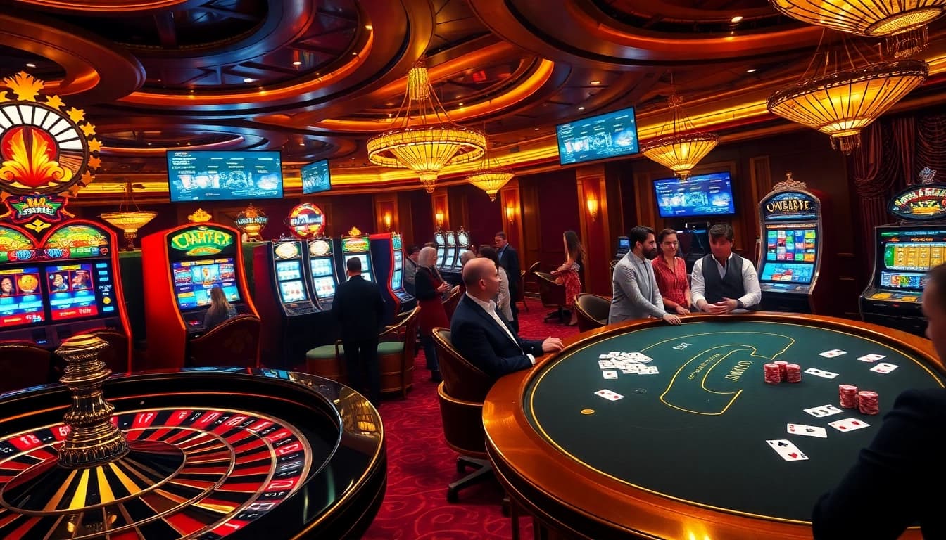 Exciting gambling action at https://rr88.bar/ showcasing diverse players at roulette and poker tables.