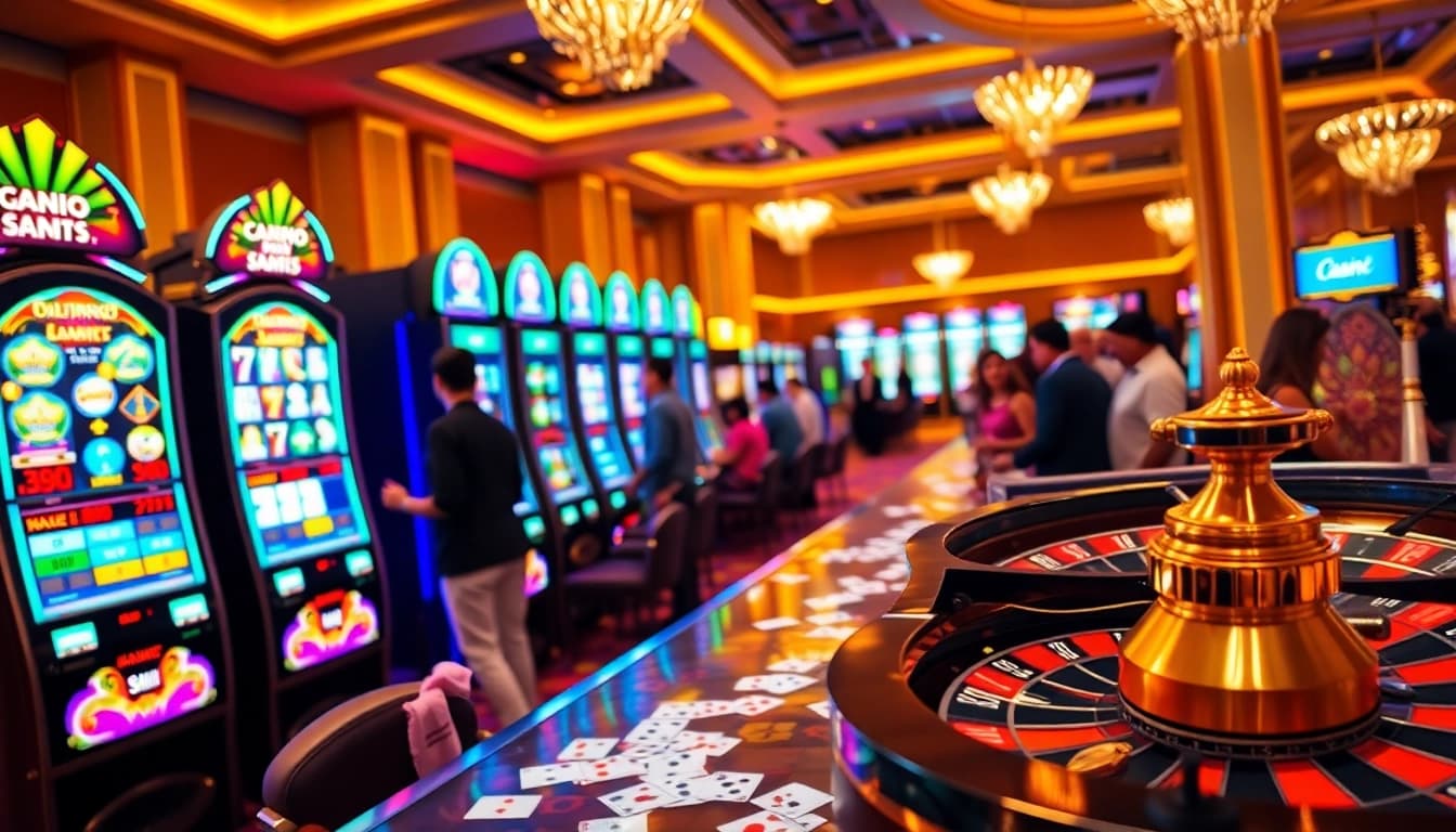 Players enjoying slot machines with vibrant graphics and a lively casino atmosphere.
