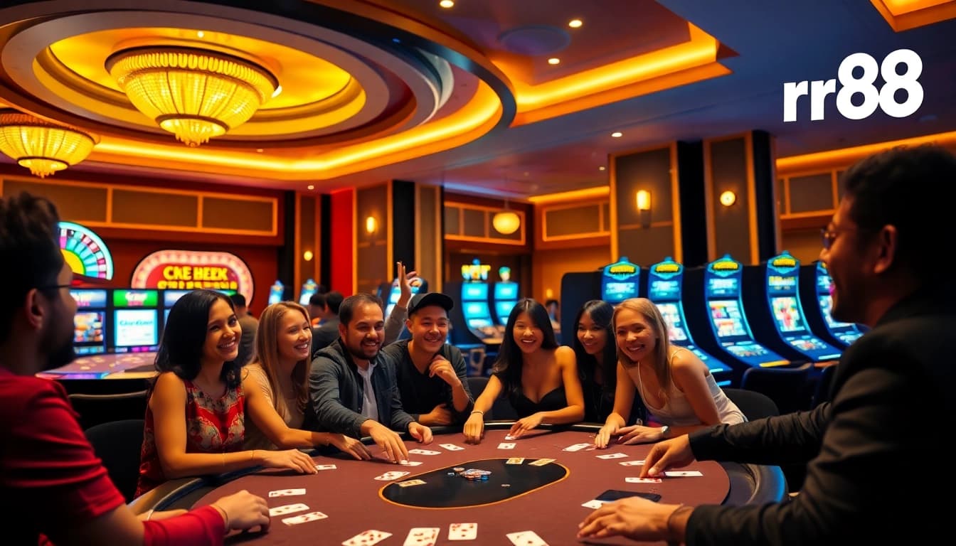 Players enjoying an exhilarating game at RR88 casino, showcasing vibrant slot machines and a roulette wheel.