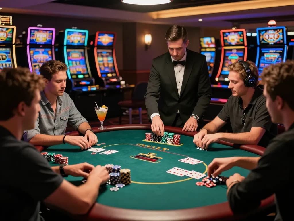 IDC88JOKER players excitedly placing bets and managing their chips at a vibrant poker table in a modern casino setting.