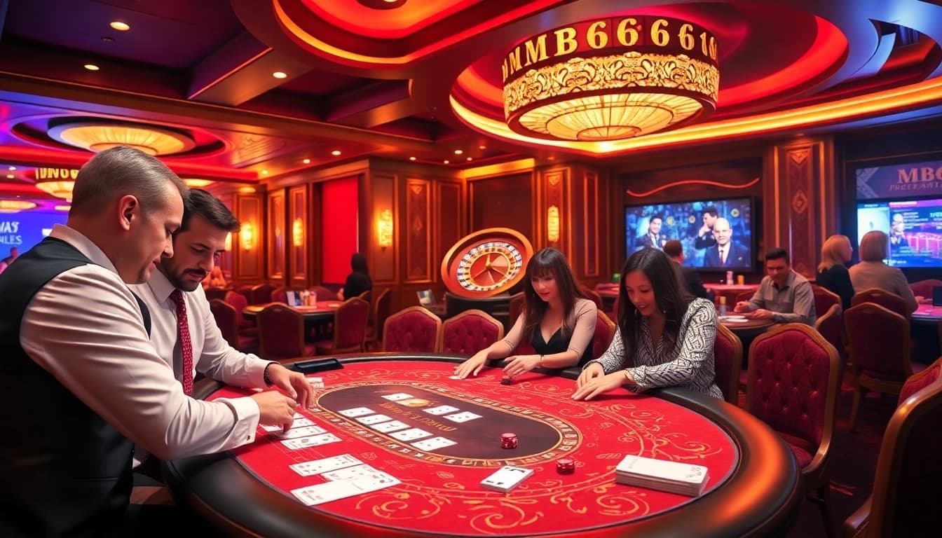Players enjoying poker at MB66 casino with thrilling atmosphere and luxurious decor.