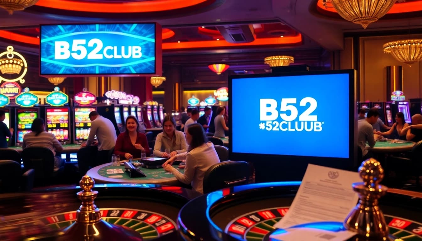 B52CLUB players enjoying vibrant casino games on a luxurious casino floor filled with excitement.