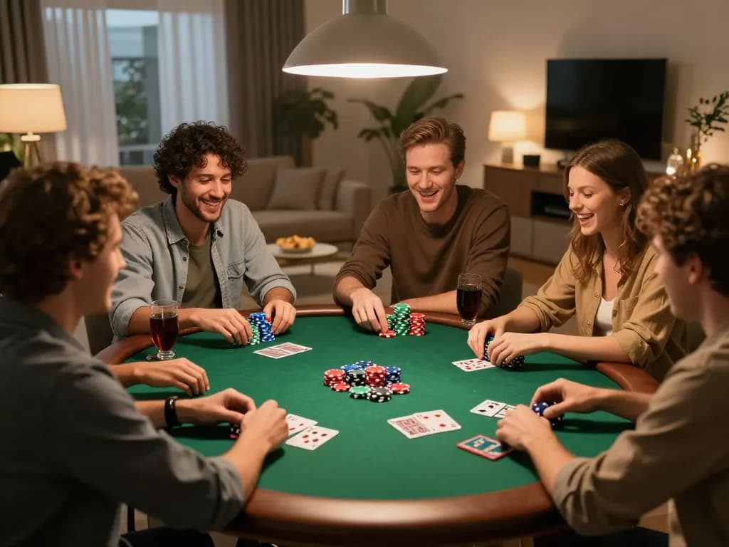 Players enjoying a lively poker night at home, showcasing qh88 gaming strategies among friends.