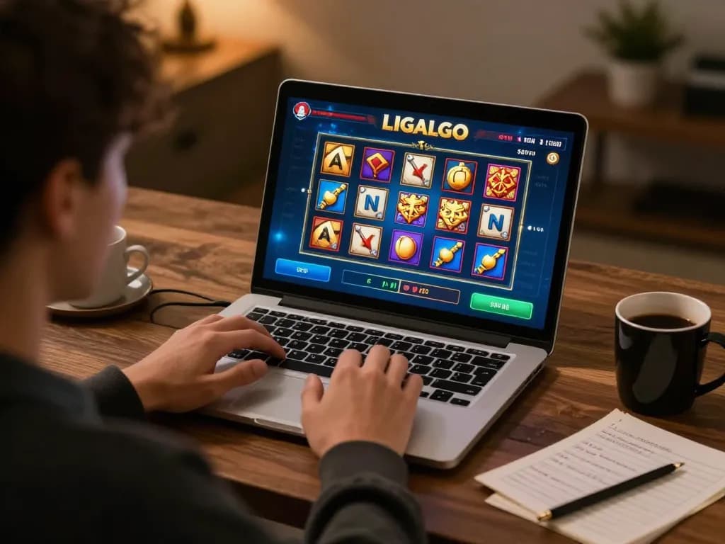 LIGALGO player engaging with an online slot game interface, showcasing a strategic gaming setup