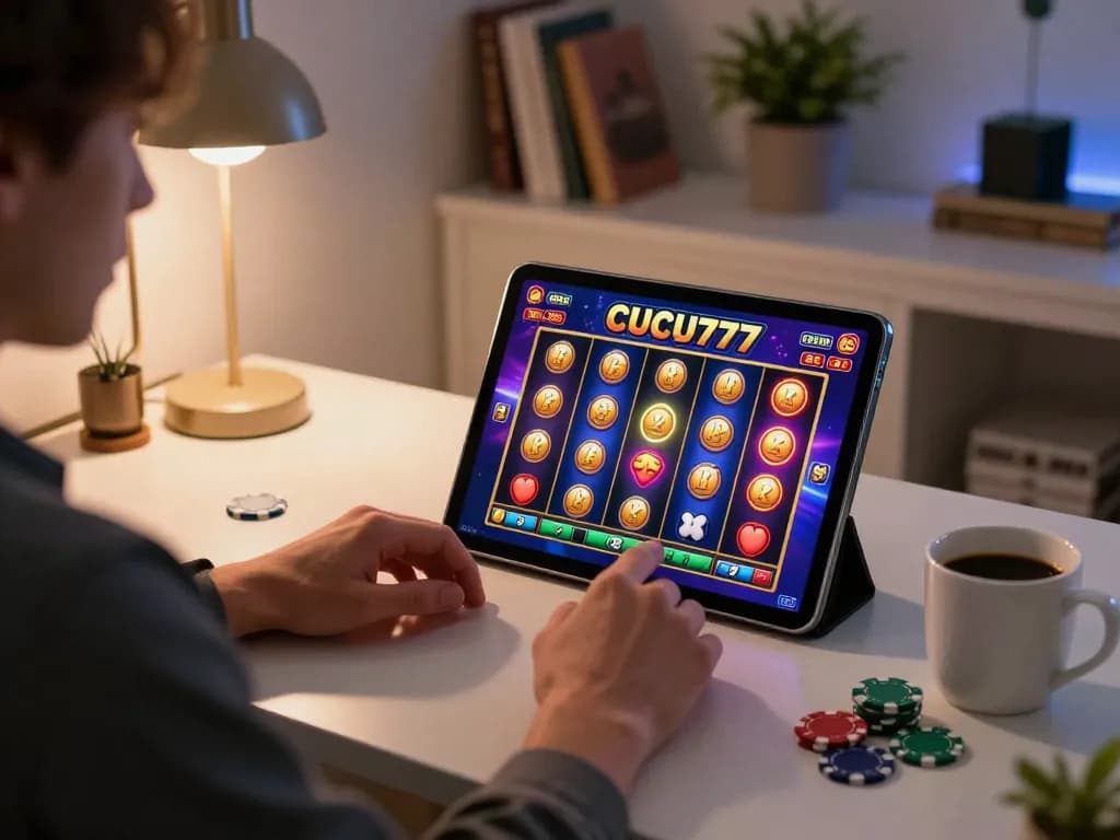 Engaging gameplay on CUCU777 platform with a gambler using a tablet at home.