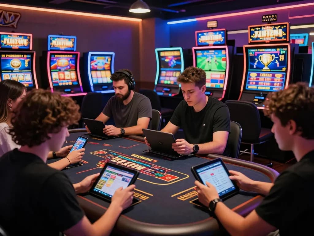 Dynamic go88 online gaming experience with diverse players using tablets and smartphones in a high-tech gaming environment.
