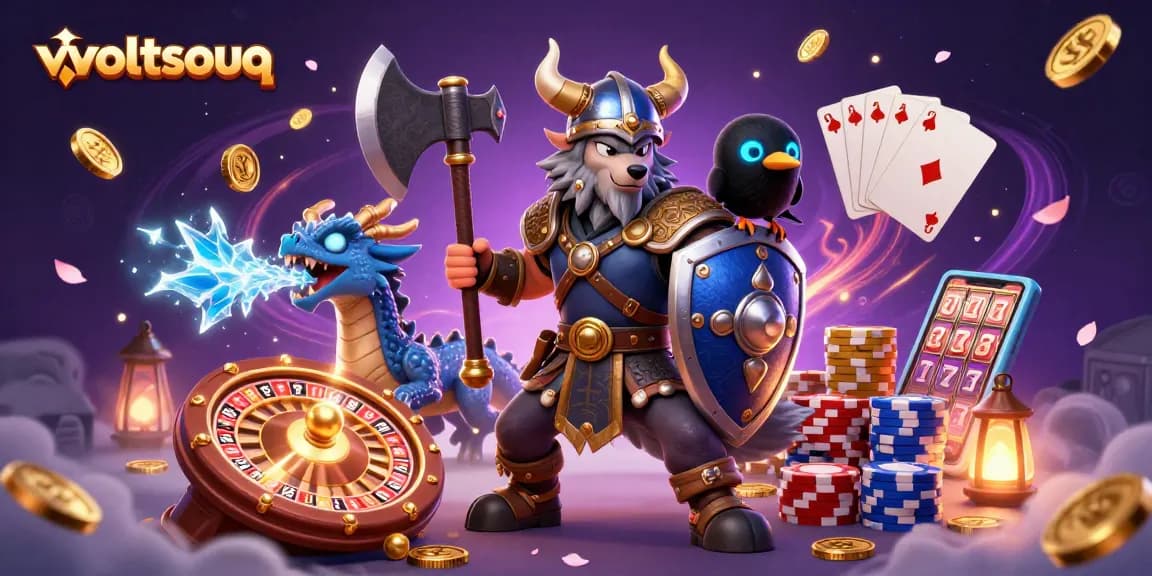 Engage with voltsouq's thrilling gaming adventures featuring a Viking warrior, dragon, and captivating casino elements.