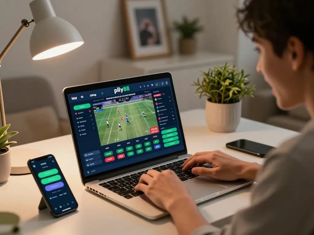 Pfly88 online sports betting featuring a laptop with live odds and enthusiastic user.