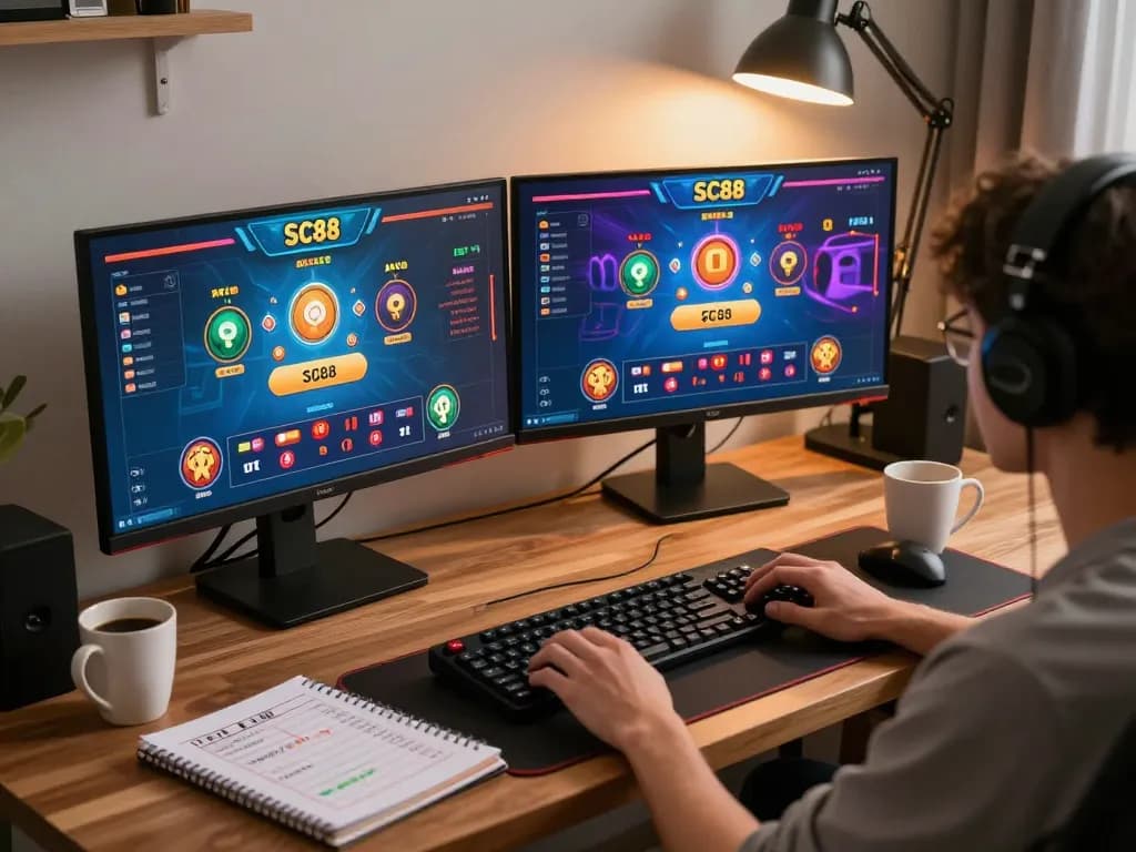 Engaging SC88 online gaming action with vibrant displays and strategy notes in a stylish home setup.