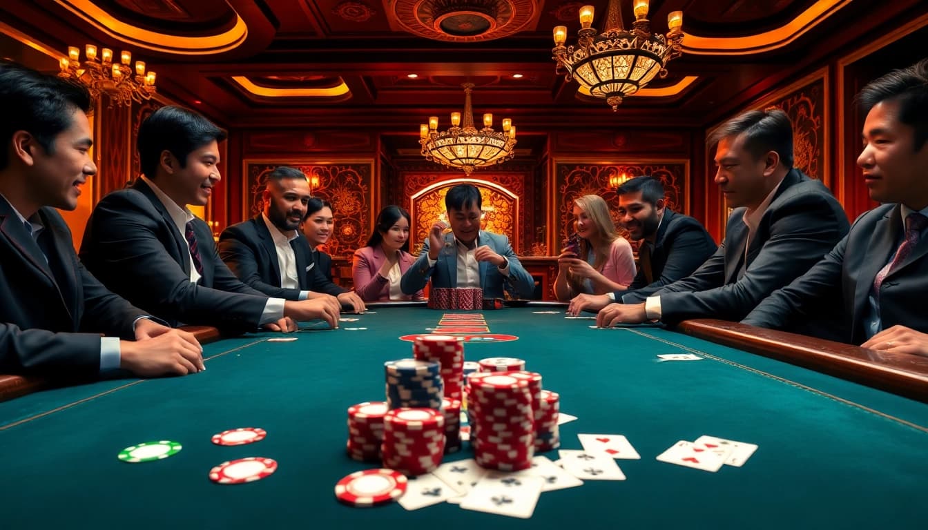 Players enjoy a thrilling poker game at a luxury casino inspired by https://kuwinblog.com/ with vibrant poker chips and elegant lighting.