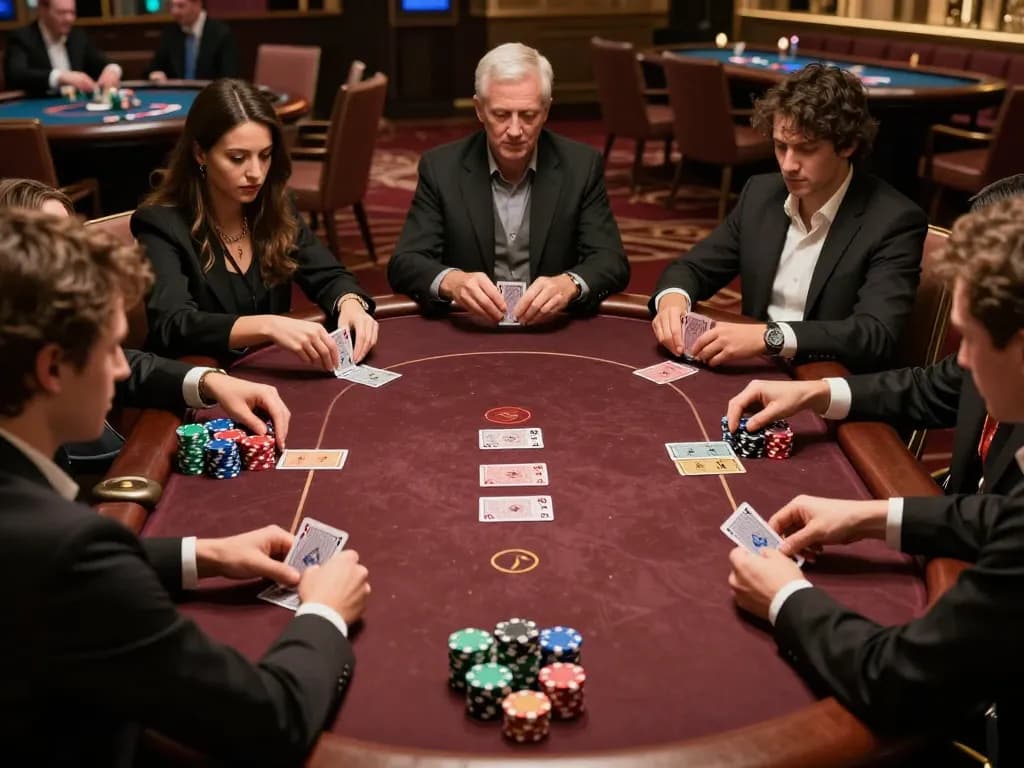 Engaged players strategizing at a poker table at 99Win, showcasing excitement and high stakes in gaming.