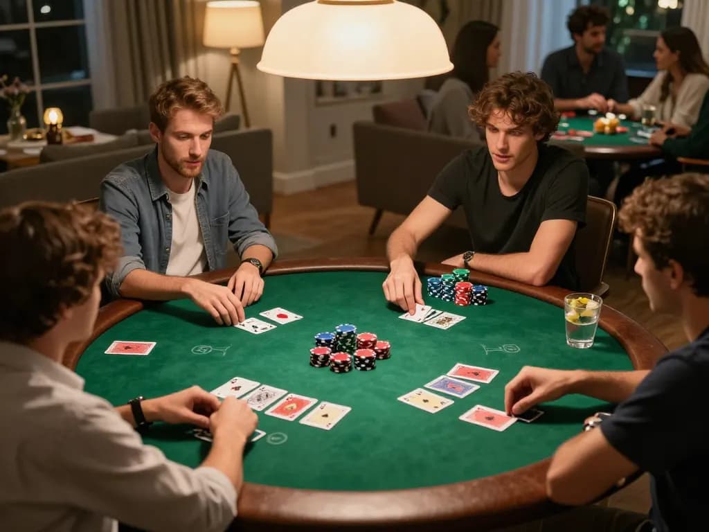 Malam permainan poker yang menarik di rumah dengan pemain yang fokus pada strategi DUAR88.