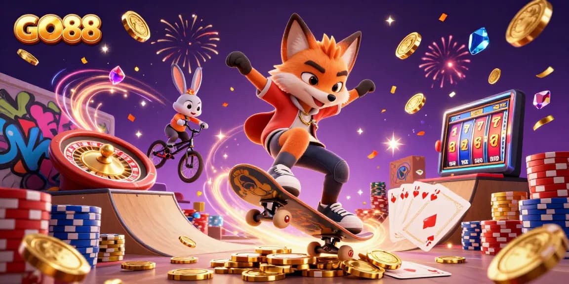 Unleash excitement with GO88: Cartoon fox and rabbit explore vibrant casino world.