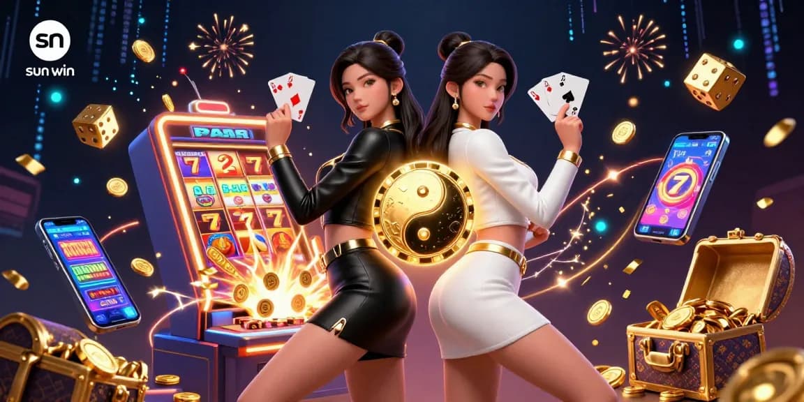 Play exciting games at sun win with stunning twin Asian women showcasing winning cards in a vibrant casino atmosphere.