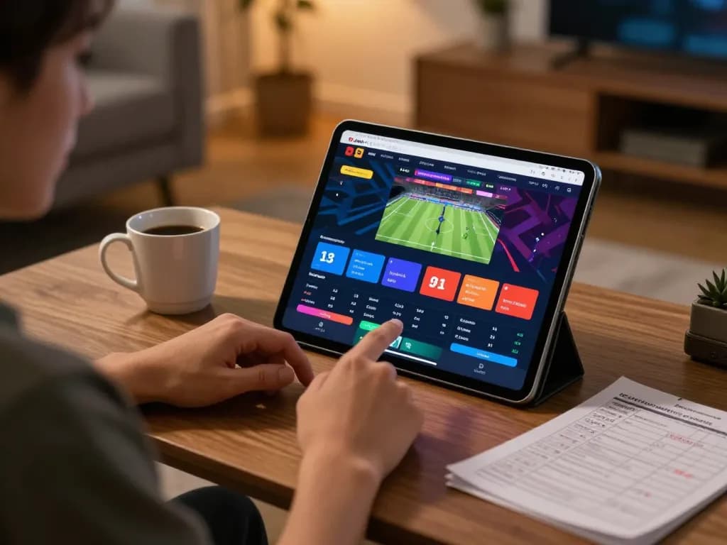 Taruhan di platform sada-ar dengan peluang olahraga dinamis yang ditampilkan di tablet dalam pengaturan yang nyaman.