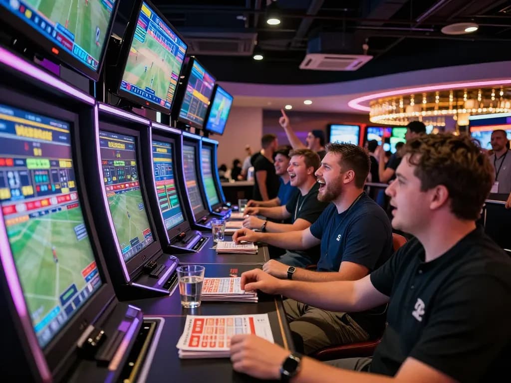 G28TV bettors engaging in live sports betting against a backdrop of vibrant screens and excitement.