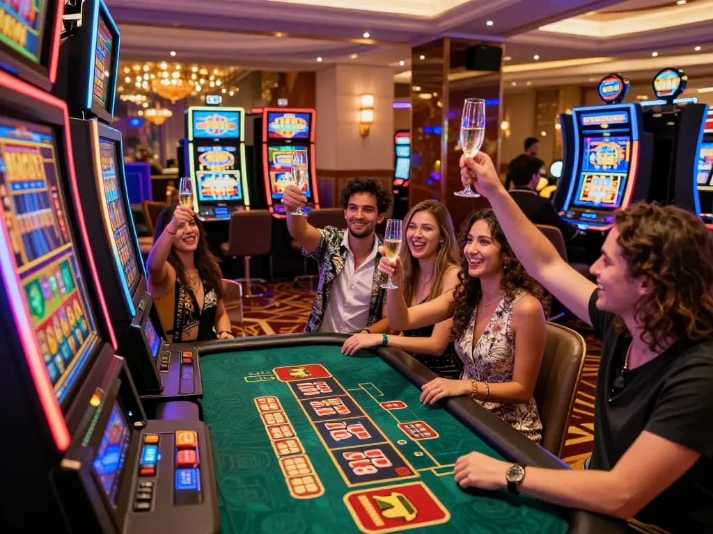 CWIN players celebrating a big win at a lively slot machine in a luxurious casino.