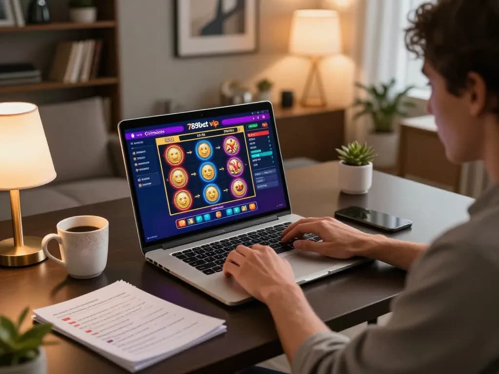 Engaging home gaming setup with 789bet vip displayed on laptop during casual online slot gaming.
