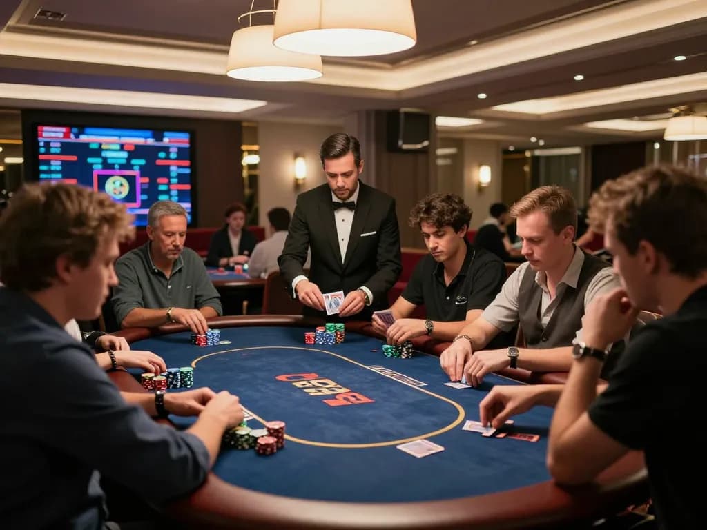 Players engage in a competitive game at a GO88 poker table in a luxurious casino, illustrating excitement.