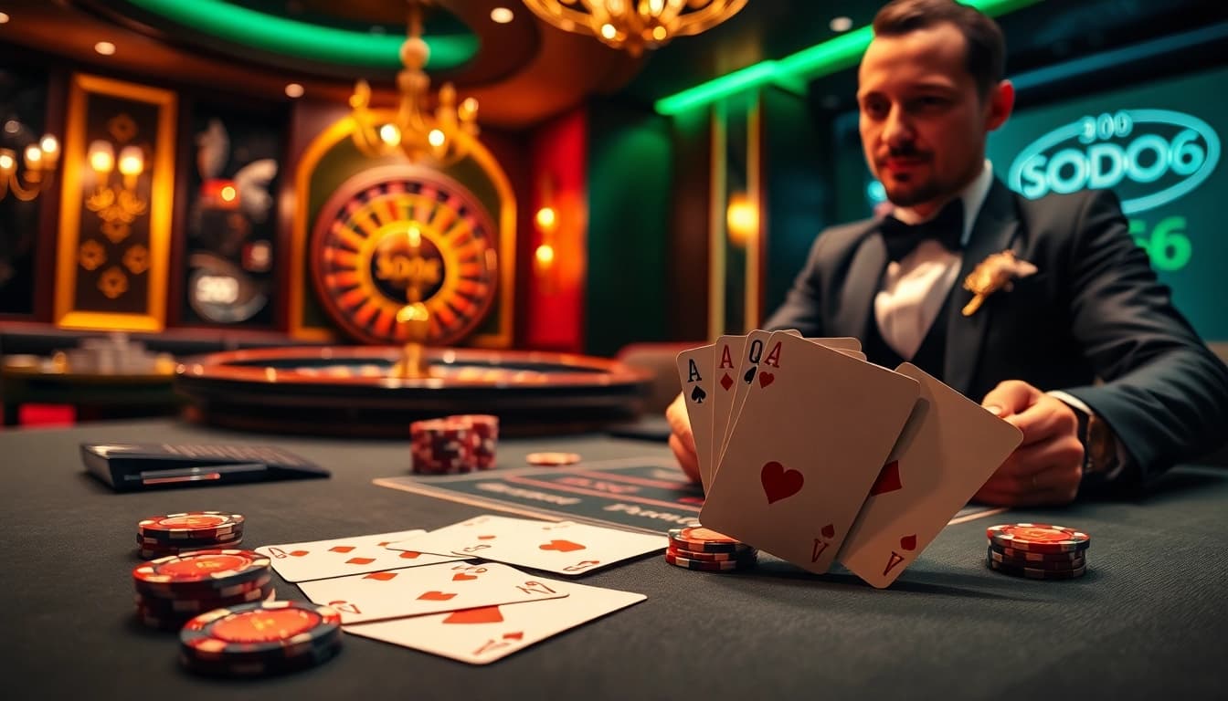 SODO66 casino scene highlighting high-stakes poker game with elegant decor and dynamic ambiance.