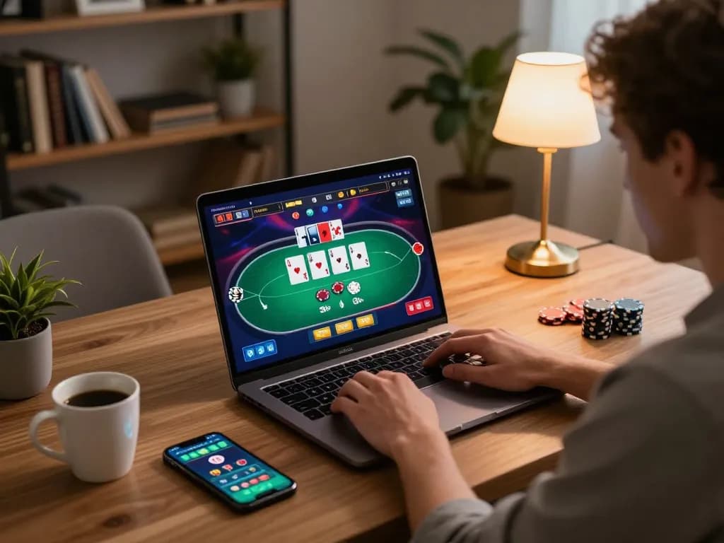 Engaging player exploring mb66 online casino gaming on laptop with vibrant poker interface.