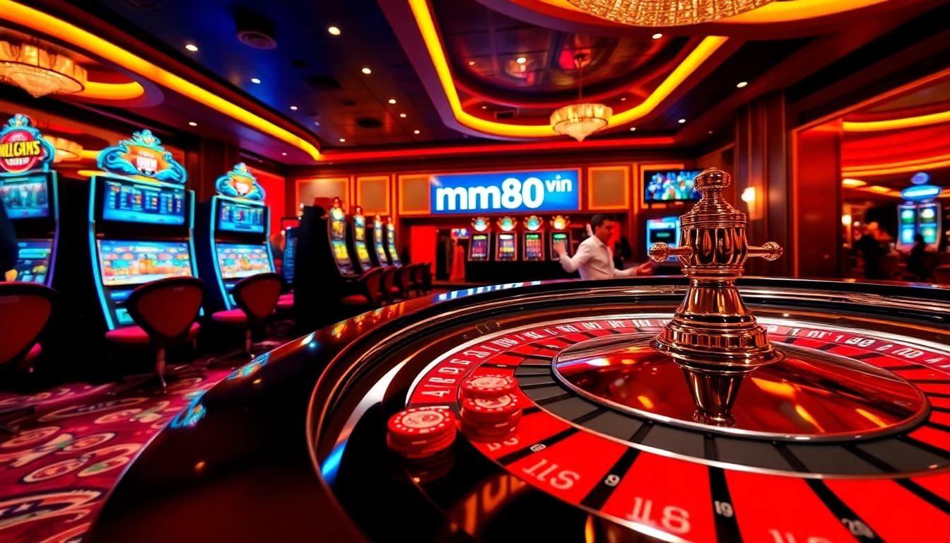 Join the excitement at https://mm88.vin/ with vibrant casino gaming scenes including roulette and slot machines.