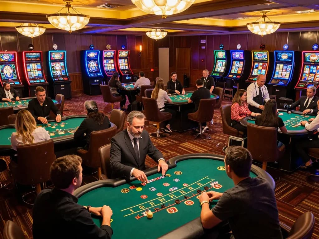 Players enjoying blackjack at Fun88, showcasing an upscale casino atmosphere with vibrant colors and friendly dealers.