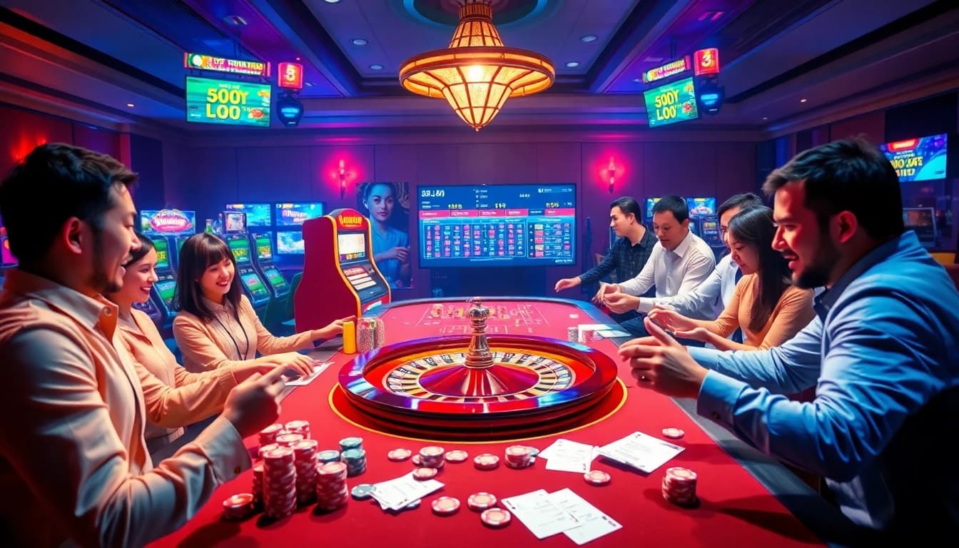 Players engaging with online gambling at https://lodetructuyen.co/ with vibrant tables and digital displays.