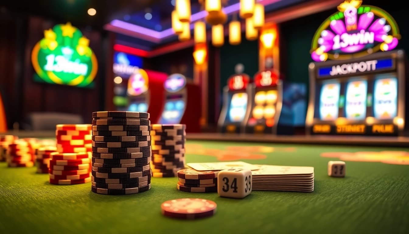 Experience the thrill of winning at 13Win's luxurious casino, with vibrant gaming elements and excitement in the air.