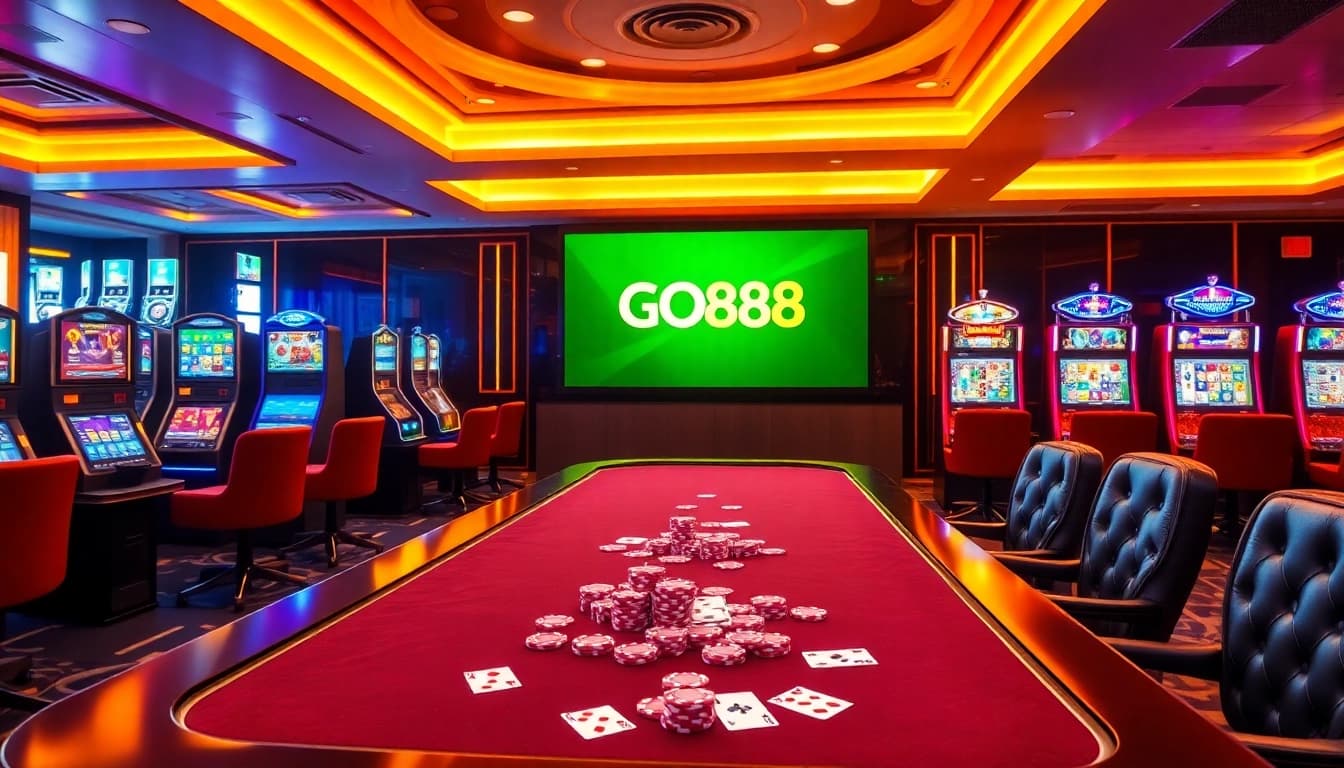 Intense gameplay at Nhà Cái GO88 casino, showcasing exciting slot machines and poker chips.