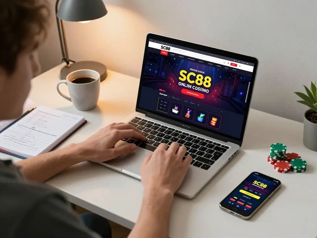 Engaging in an SC88 online gambling session with laptop and strategy notes on display